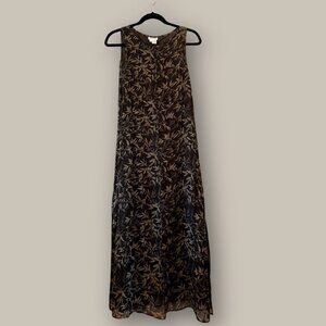 Allison Taylor 100% Silk Maxi Dress Womens S Black Olive Leaf Print Sleeveless